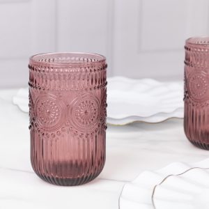 6-Pack Vintage Embossed Glass Tumblers 14oz Highball Design Dusty Rose - Textured Floral Pattern for Cocktails & Drinks
